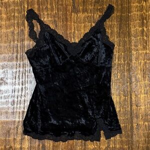 Vintage Express Black Crushed Velvet Lace Camisole | Y2K Lingerie Top